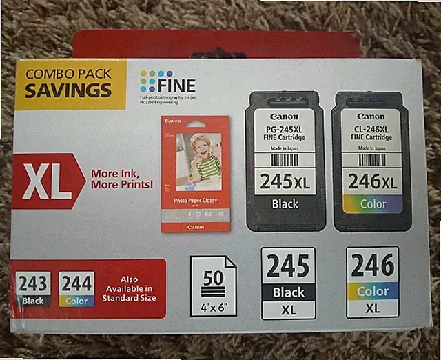 Genuine Canon PG-245XL /CL-246XL Ink Cartridge Combo + 50 4"x6" Photo Paper