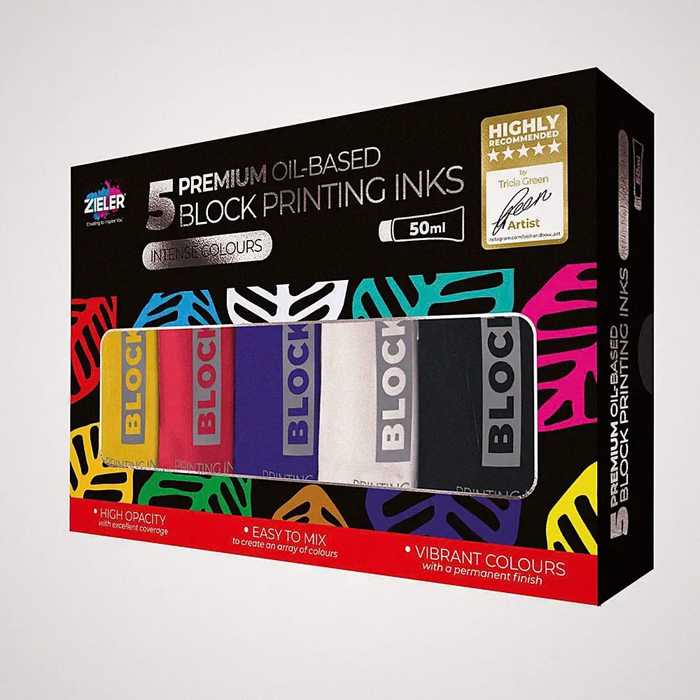 Premium Oil-Based Block Printing Inks, 50ml Tubes, 5-Colour Set